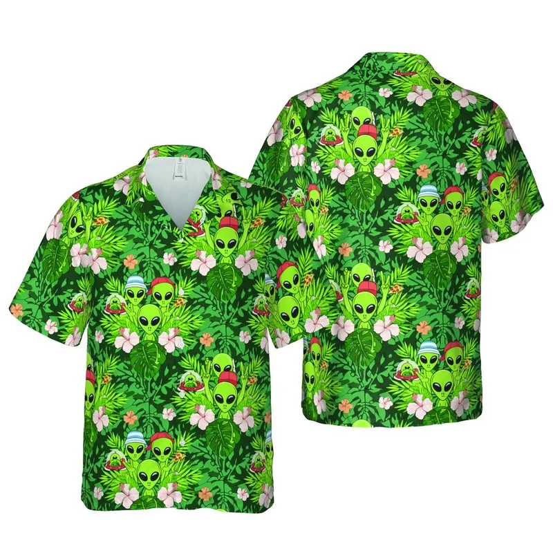 Seamless Green Alien Pizza Peace Sign Tropical Leaf Hibiscus Jungle Design Short-sleeve Hawaiian Shirt - 1