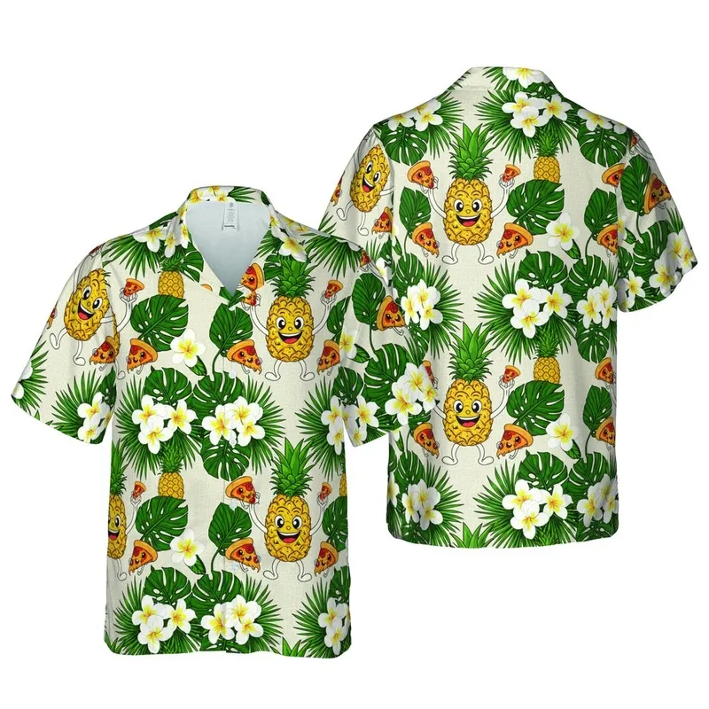 Hawaiian Pattern: Cartoon Pineapples & Pizza Slices, Plumeria Flowers, Beige Texture Print Short-sleeve Hawaiian Shirt - 1