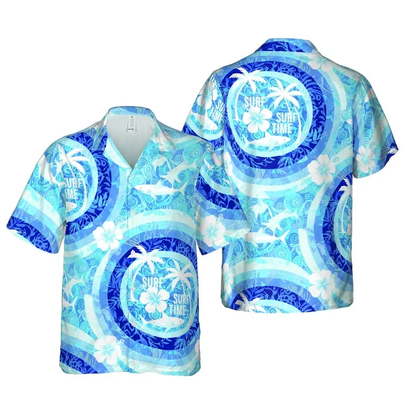 Surf Time Hawaiian Pattern: White Hibiscus Palm Shark Blue Wave Layered Fabric Design Short-sleeve Hawaiian Shirt - 1