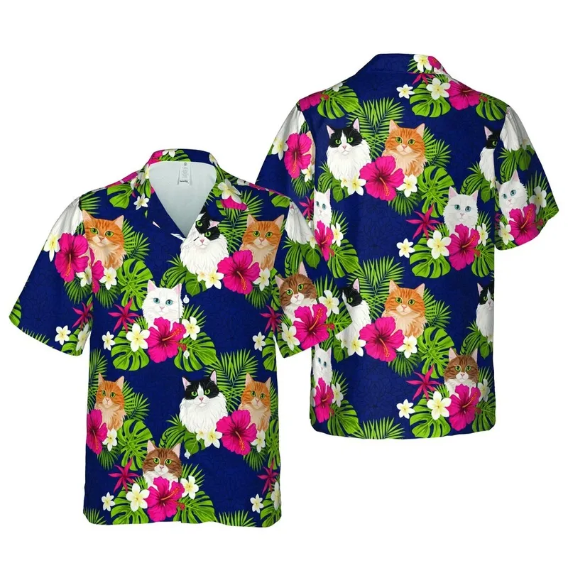 Realistic Domestic Cats Hawaiian Monstera Palm Pink Hibiscus Navy Blue Pattern Short-sleeve Hawaiian Shirt - 1