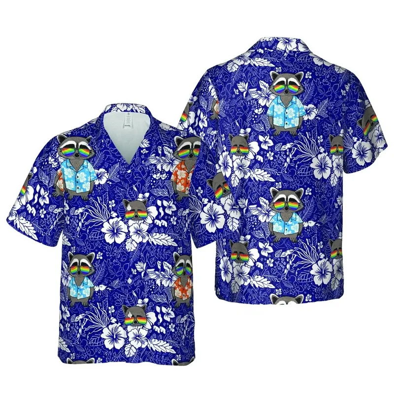 Raccoon Tropical Rainbow Sunglasses Hawaiian Shirt Hibiscus Navy Botanical Print Short-sleeve Hawaiian Shirt - 1