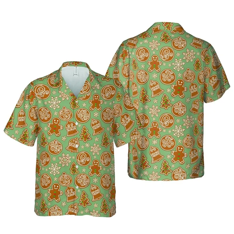 Hawaiian Gingerbread Men Christmas Trees Bells Baubles Snowflakes Muted Sage Green Short-sleeve Hawaiian Shirt - 1