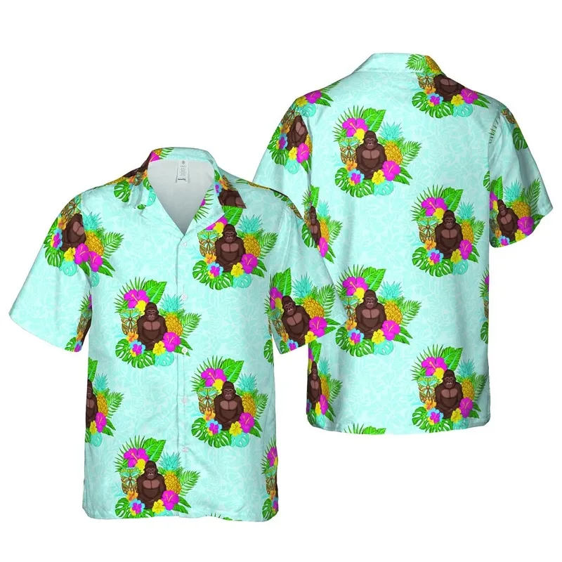 Hawaiian Meditating Gorilla Tiki Mask Pineapple Hibiscus Palm Leaf Fabric Design Short-sleeve Hawaiian Shirt - 1