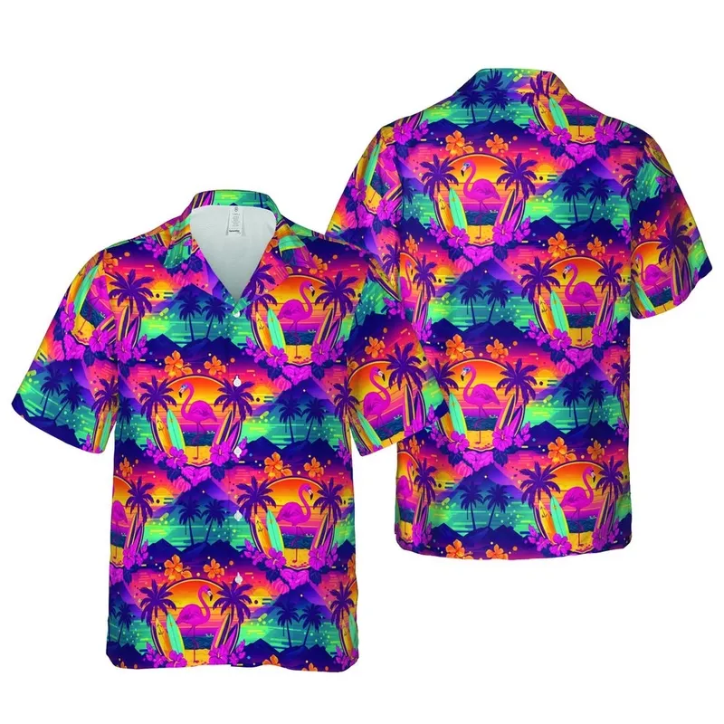 Pink Flamingo Sunset Hawaiian Pattern: Retro Surfboard & Palm Scene - 8K Edge-to-Edge Design Short-sleeve Hawaiian Shirt - 1