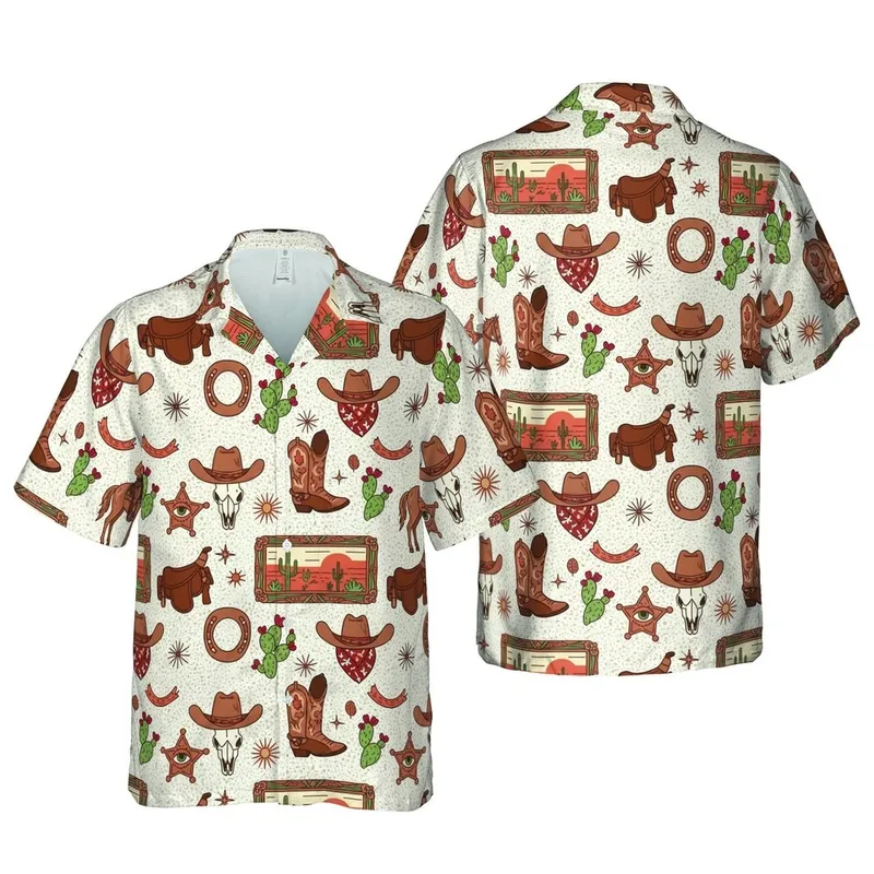 Western Cowboy Skull Horse Boots Desert Cactus Tropical Landscape Sublimation Design Short-sleeve Hawaiian Shirt - 1