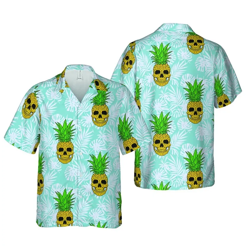 Hawaiian Pineapple Skull Botanical Foliage Tile Teal Purple Golden Arrangement Short-sleeve Hawaiian Shirt - 1