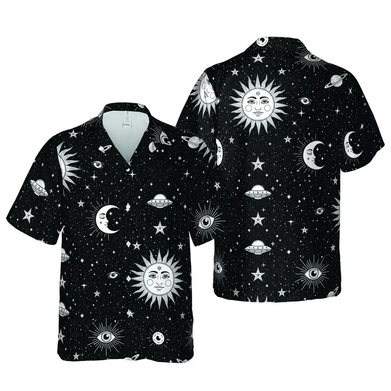Tropical Deep Sky Sun Moon Faces UFO Starburst Planet Rays Dust Mosaic Black White Short-sleeve Hawaiian Shirt - 1