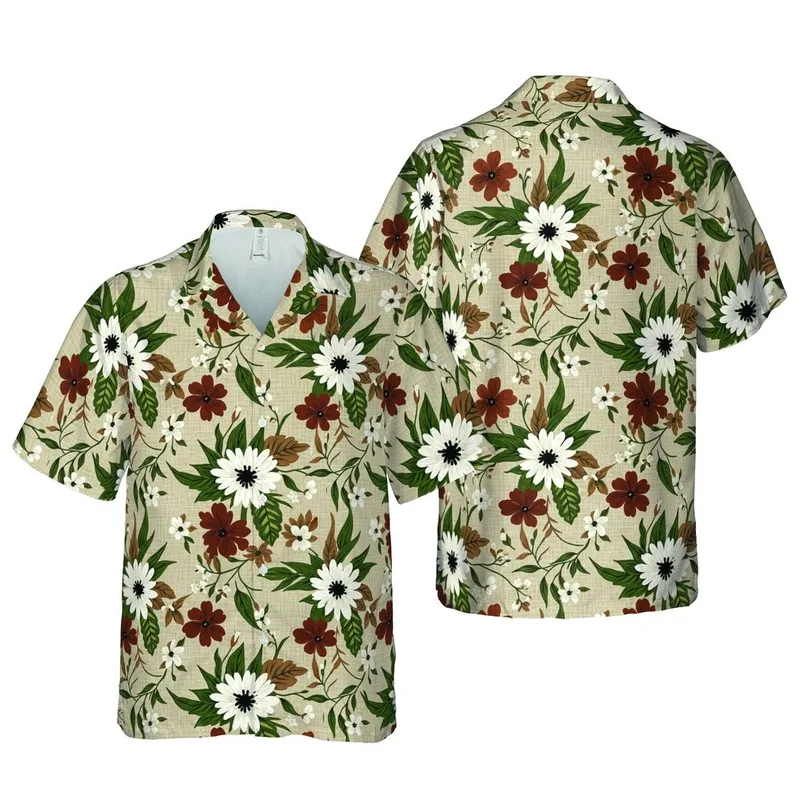 White Daisy Black Center, Red-Brown Thistle, Green Leaf Tendrils, Tan Linen Mosaic Short-sleeve Hawaiian Shirt - 1