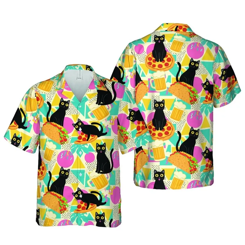 Black Cat Pizza Burrito Golden Taco Beer Hawaiian 80s 90s Geometric Fabric Pattern Short-sleeve Hawaiian Shirt - 1