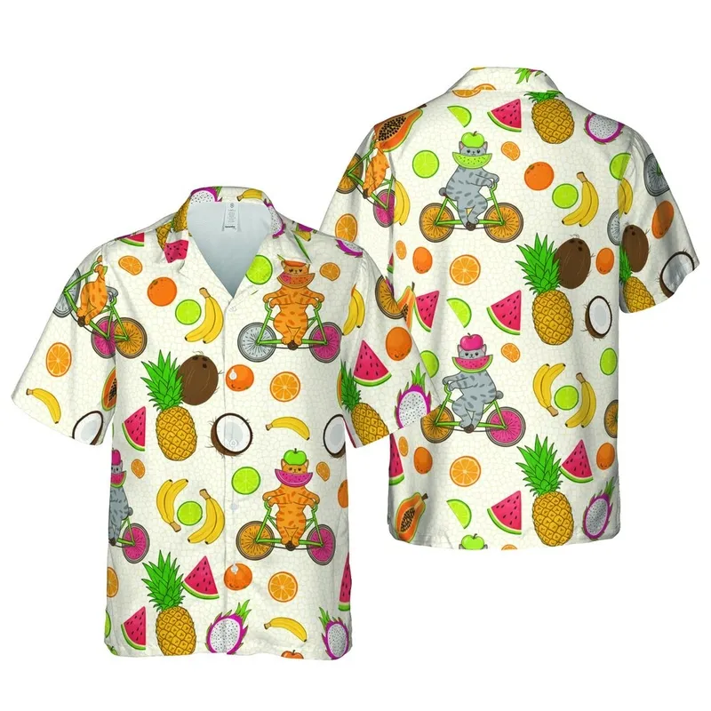 Tabby Cat Bicycle Tropical Fruit Design with Fruit Helmets, Slices, Cream Background Short-sleeve Hawaiian Shirt - 1