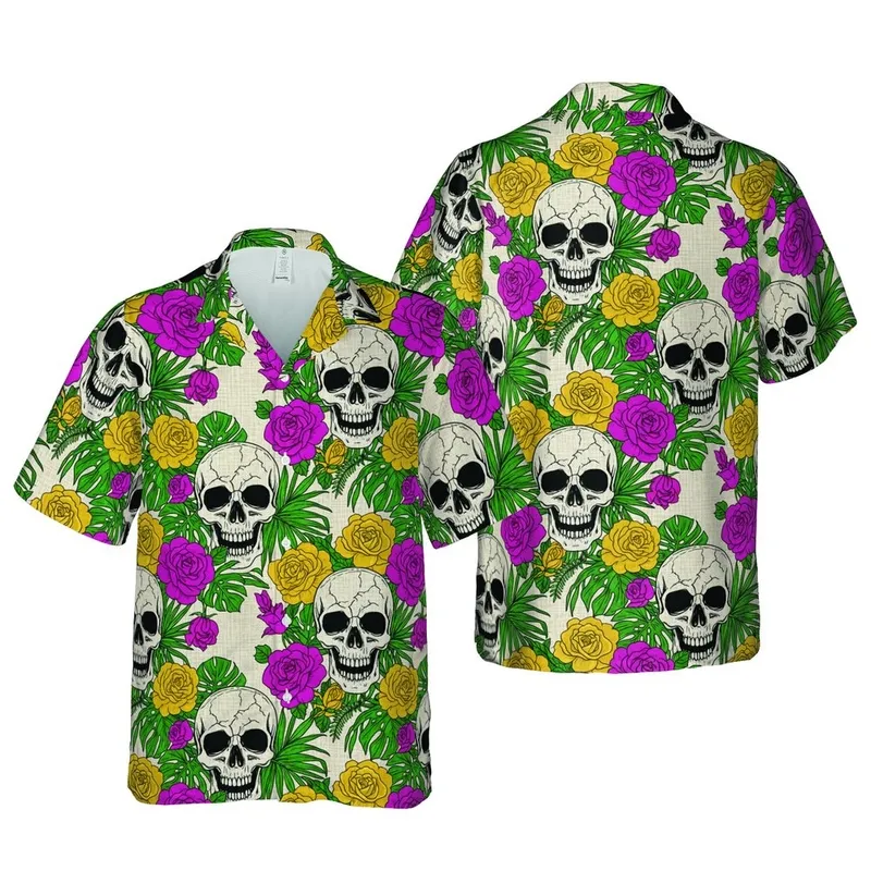 Seamless Hawaiian Stylized Cracked Skull Roses - Fuchsia Golden Emerald Visual Short-sleeve Hawaiian Shirt - 1