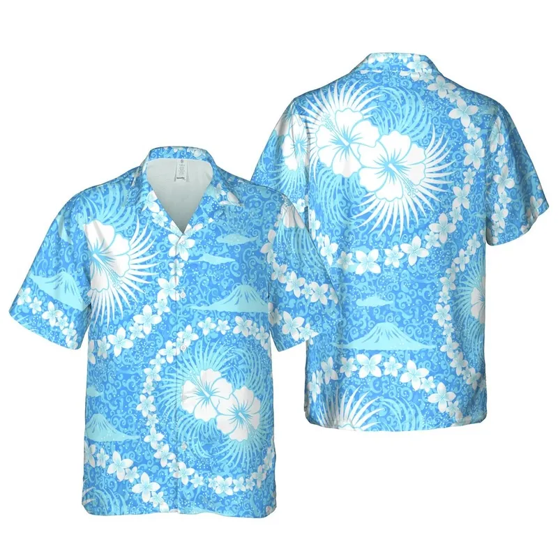 Hawaiian White Hibiscus Palm Frond Plumeria Blue Ocean Current Island Outline Sand Short-sleeve Hawaiian Shirt - 1