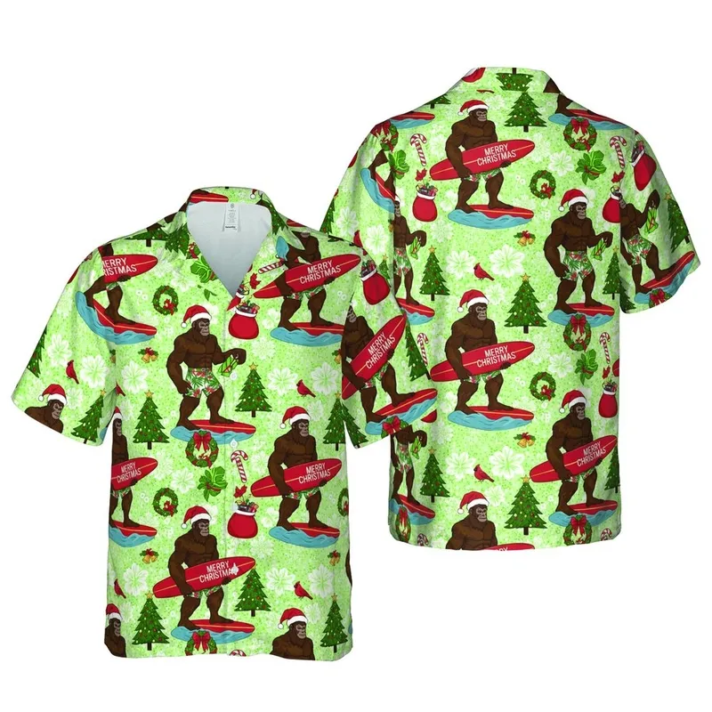 Bigfoot Surfer Santa Hat Design: 'Merry Christmas' Surfboard, Wreaths, Snowflakes Short-sleeve Hawaiian Shirt - 1