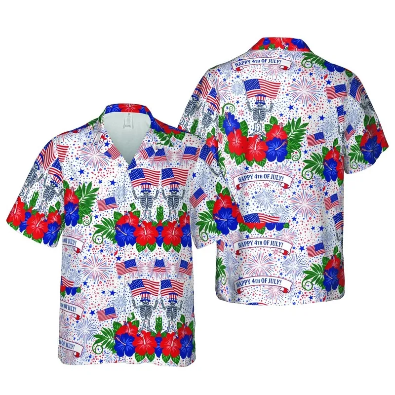 Patriotic Skeletons, Uncle Sam Flags, Hibiscus Flowers, 4th of July Fireworks Motif Short-sleeve Hawaiian Shirt - 1