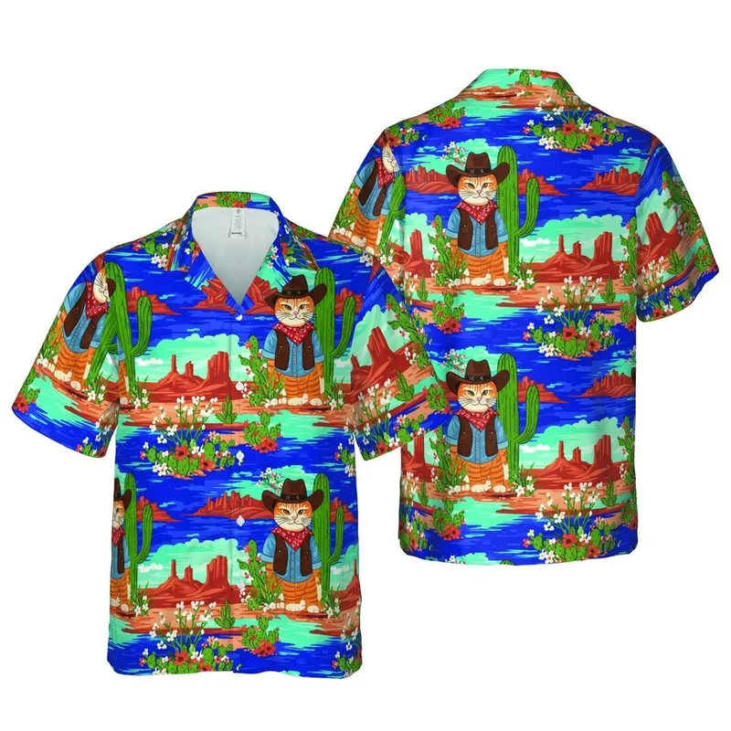 Tabby Cat Cowboy Saguaro Cactus Hawaiian Desert Pattern Reddish Mesas Turquoise Sea Textile Print Short-sleeve Hawaiian Shirt - 1