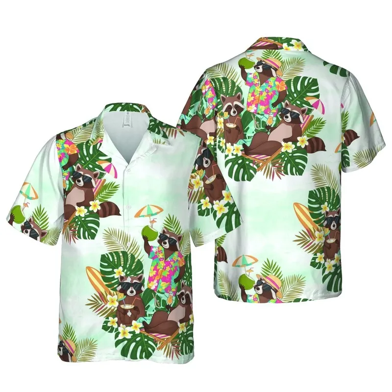 Raccoon Vacationers Tropical Hawaiian Pattern, Monstera Leaves & Palm Fronds Design Short-sleeve Hawaiian Shirt - 1