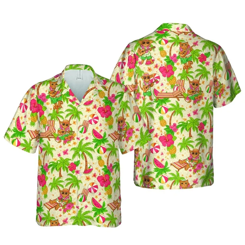 Hawaiian Feline Luau: Ukulele Cats, Straw Hats, Palm Trees, Hibiscus Pattern Short-sleeve Hawaiian Shirt - 1