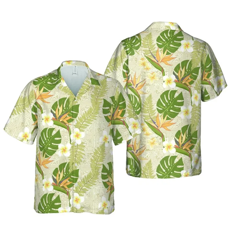 Hawaiian Tropical Pattern: Monstera Bird of Paradise Plumeria Fern Motifs Short-sleeve Hawaiian Shirt - 1