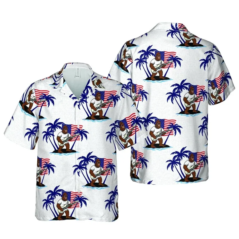 Bigfoot Guitarist Electric Guitar American Flag Navy Palm Tropical Pattern Short-sleeve Hawaiian Shirt - 1