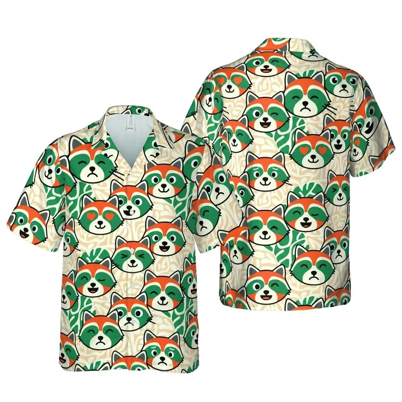 Raccoon Face Pattern: Bold Multi-Depiction Orange Teal Cream Green Mosaic Short-sleeve Hawaiian Shirt - 1