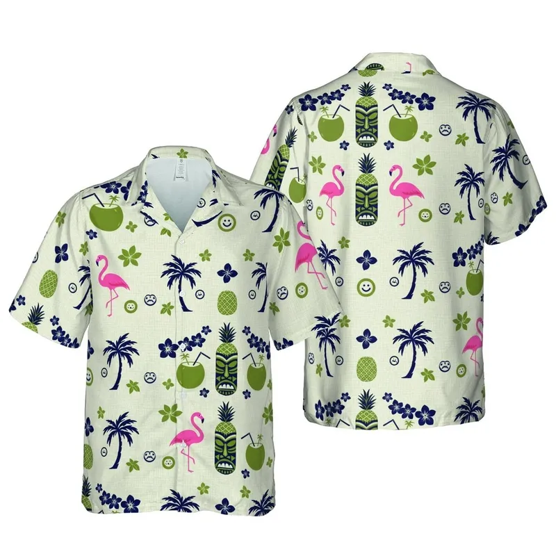Hawaiian Tiki Mask Flamingo Pineapple Pattern: Botanical Linen Textile Design Short-sleeve Hawaiian Shirt - 1