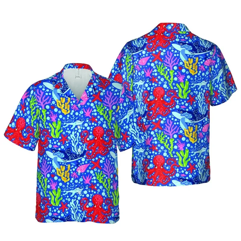 Seamless 8K Tropical Octopus Sea Turtle Whale Shark Seahorse Coral Bubble Pattern Short-sleeve Hawaiian Shirt - 1