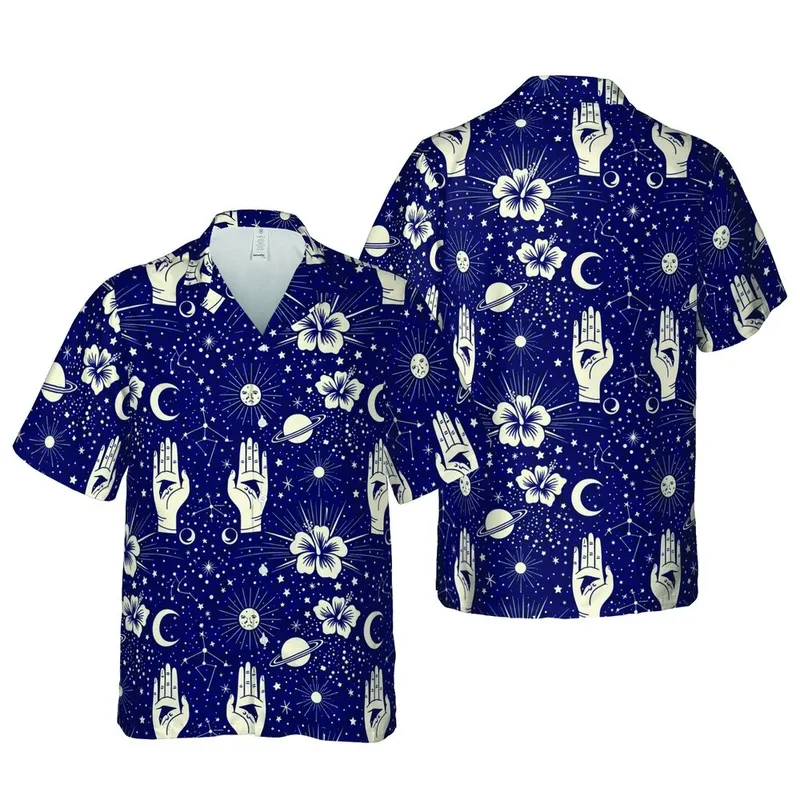 Celestial Hand Gestures Pattern: Hawaiian Moons Stars Orbits, Dark Navy Beige White Short-sleeve Hawaiian Shirt - 1