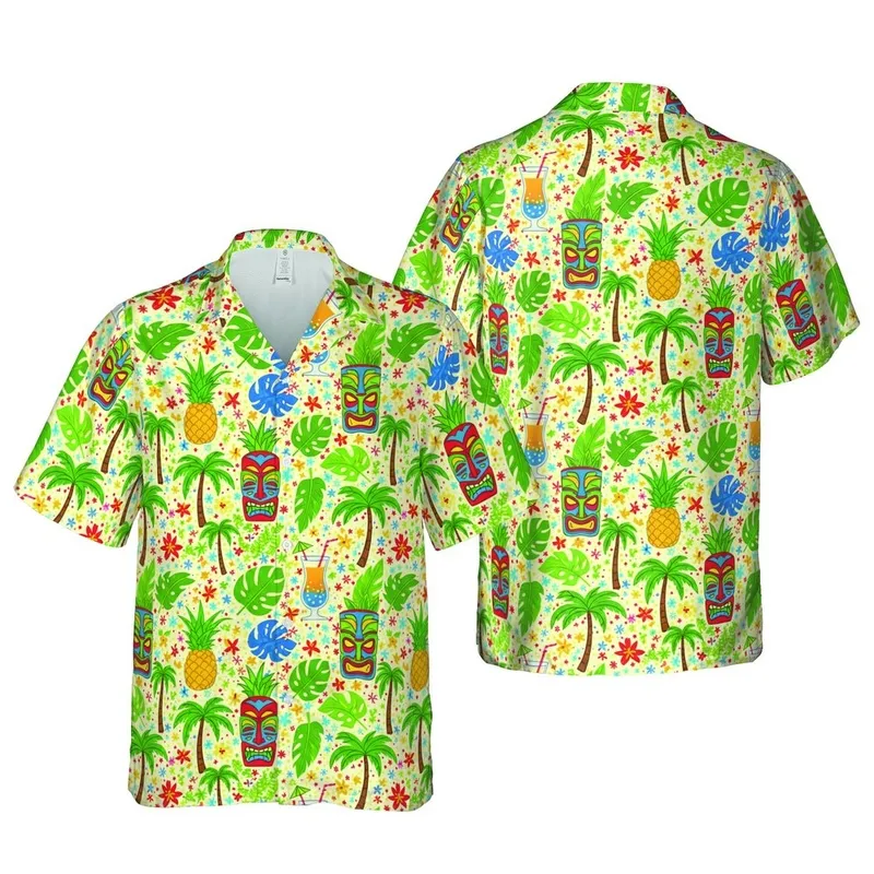 Hawaiian Tiki Mask Pineapple Cocktail Palm Leaf Dot Star Seamless 8K Print Short-sleeve Hawaiian Shirt - 1
