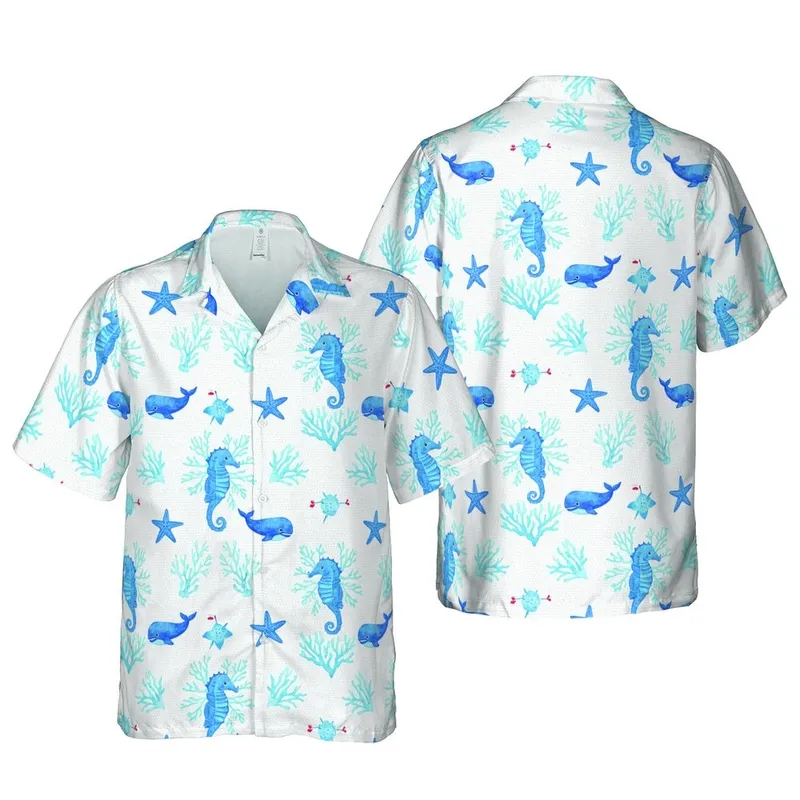 Blue Seahorse Whale Starfish Coral Hawaiian Pattern: White Weave, Azure Splatters Short-sleeve Hawaiian Shirt - 1
