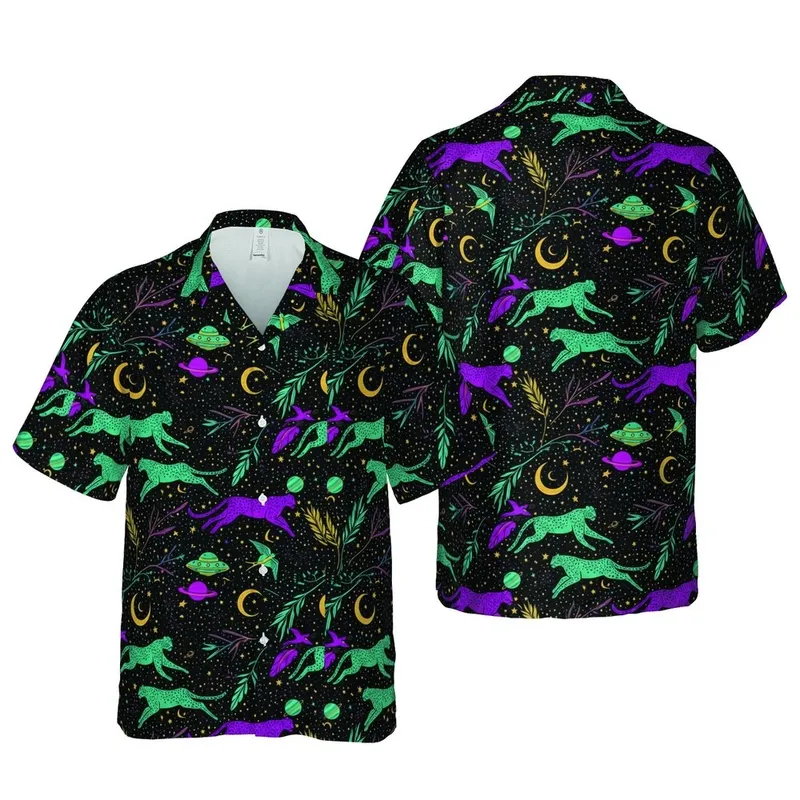 Running Cheetah Leopard Swallow UFO Tropical Celestial Black Teal Purple Fuchsia Golden Short-sleeve Hawaiian Shirt - 1