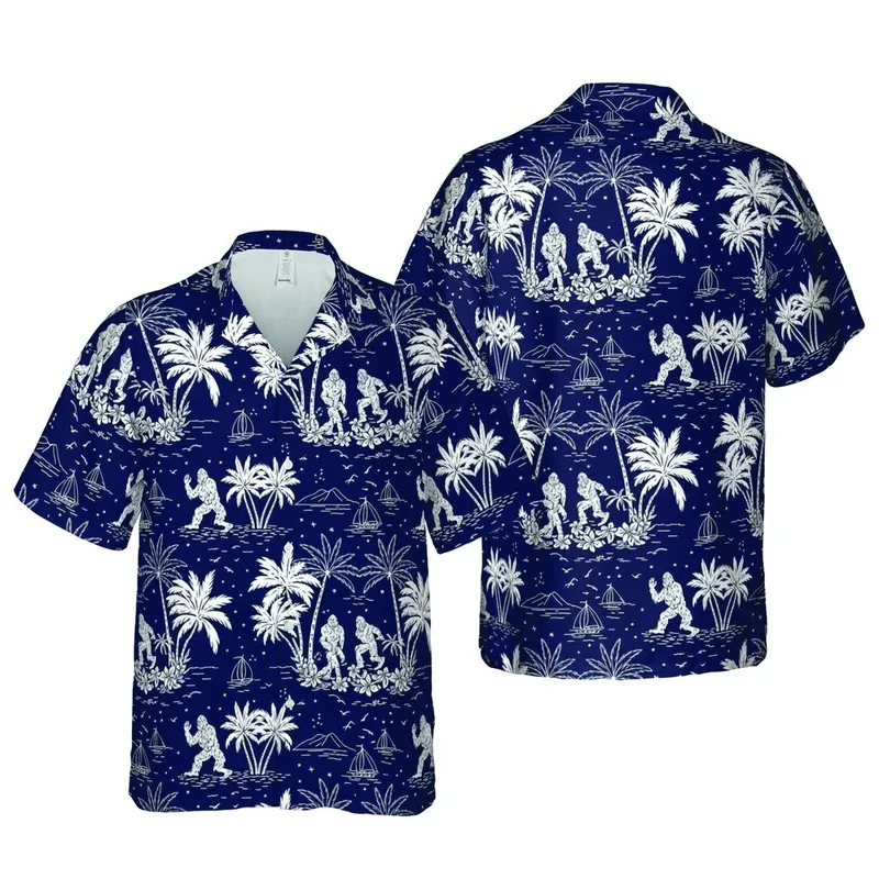 Bigfoot Sasquatch Hawaiian Island Pattern - Navy Blue White Tropical Silhouette Design Short-sleeve Hawaiian Shirt - 1