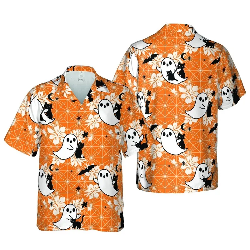 Tropical Hawaiian Ghost Black Cat Pattern: Orange White Bats Stars Moon Geometric Grid Short-sleeve Hawaiian Shirt - 1