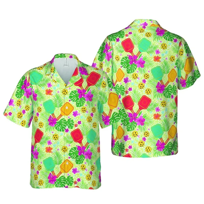 Pickleball Player's Hawaiian Red Golden Teal Paddle Yellow Pickleball Tropical Artwork Short-sleeve Hawaiian Shirt - 1