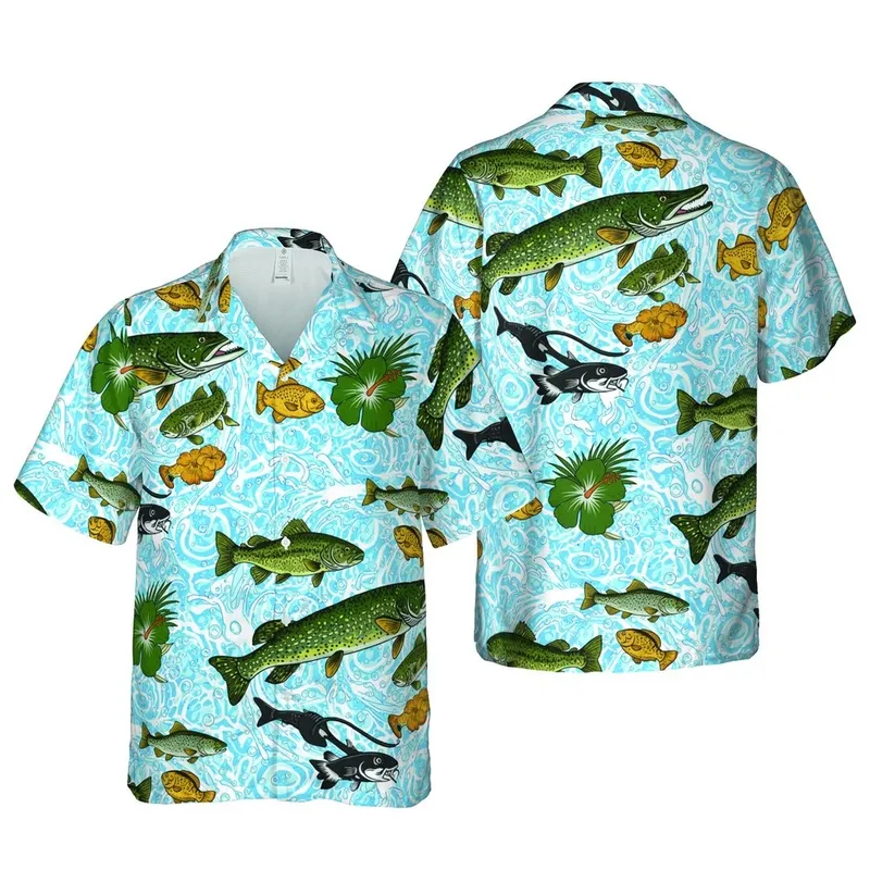 Angler's Hawaiian Fish Pattern Pike Trout Bass Catfish Water Ripple Textile Design Short-sleeve Hawaiian Shirt - 1