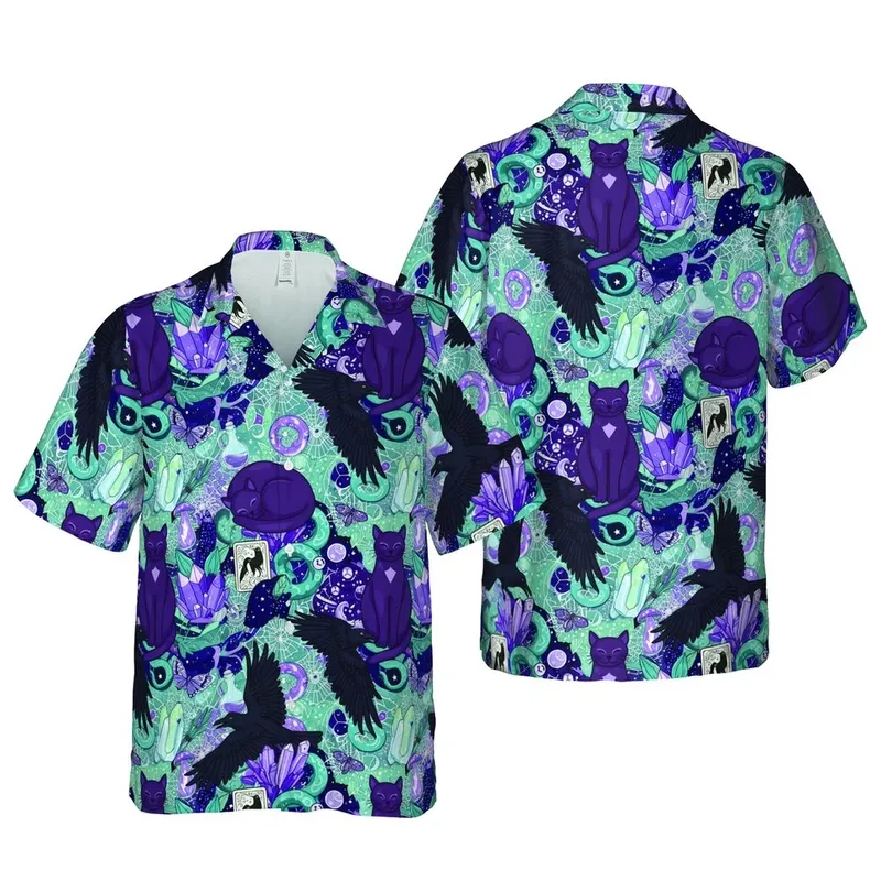 Hawaiian Purple Cat Raccoon Raven Snake Fabric Pattern: Celestial Crystal Tarot Skull Potion Short-sleeve Hawaiian Shirt - 1