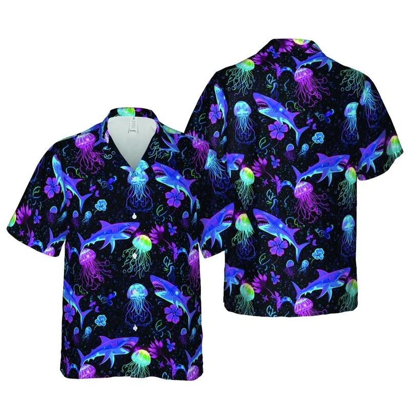 Seamless Neon Glow Sharks Bioluminescent Jellyfish Cosmic Ocean Textile Pattern Short-sleeve Hawaiian Shirt - 1