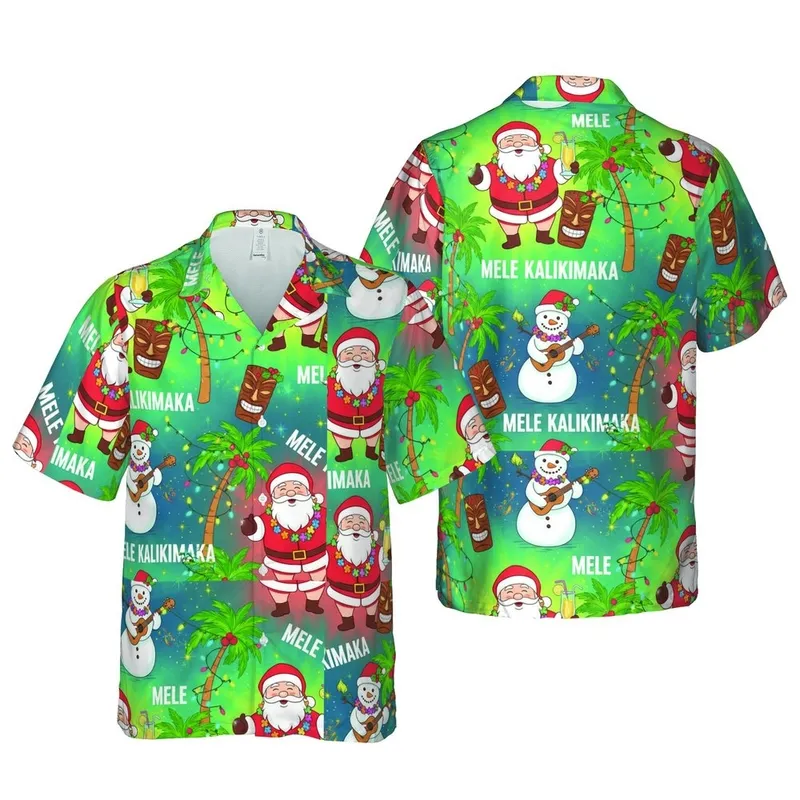 Mele Kalikimaka Santa Snowman Palm Tiki Tropical Christmas Gradient Short-sleeve Hawaiian Shirt - 1
