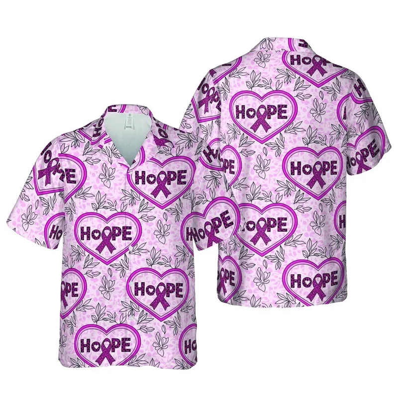 HOPE Motif Design: Pink Heart Ribbon 'O', Leopard H-P-E, Double Heart Frame, Pink Swirl Background Short-sleeve Hawaiian Shirt - 1