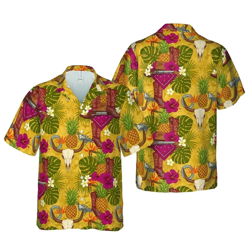 Cowboy Western Aloha Pattern: Boots, Hats, Pineapples, Tropical Flora, Golden Yellow Short-sleeve Hawaiian Shirt - 1