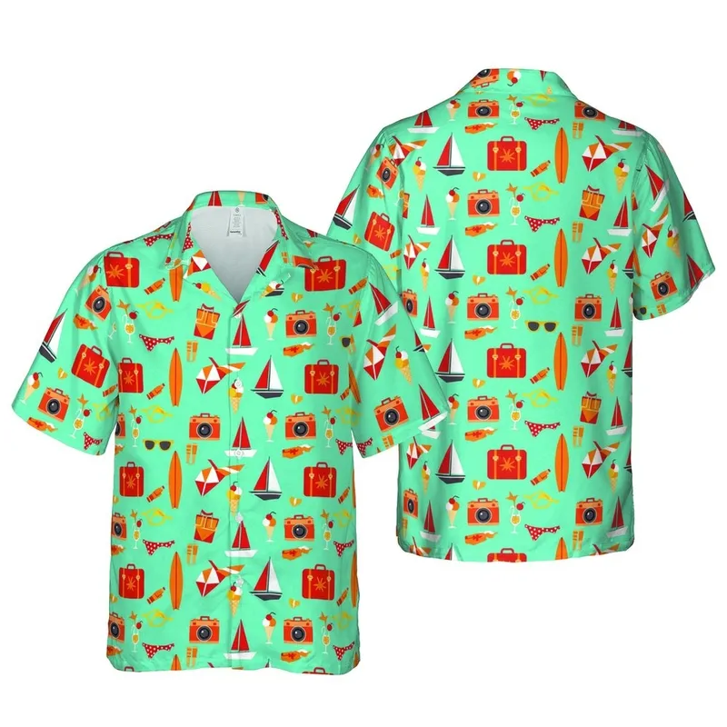 Hawaiian Pattern Vintage Camera Suitcase Umbrella Sailboat Cocktail Surfboard Sunglasses Fabric Print Short-sleeve Hawaiian Shirt - 1