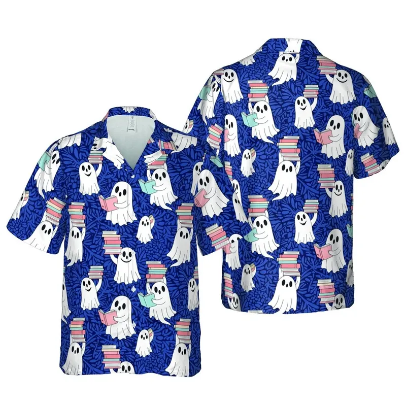 Scholarly Reading Ghosts: Hawaiian Pastel Books, Navy Texture, High Contrast Short-sleeve Hawaiian Shirt - 1