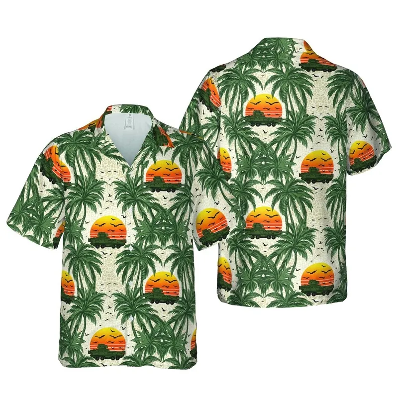 Olive Green APC Mounted Weapon Orange Sunset Black Birds Palm Fronds Pattern Short-sleeve Hawaiian Shirt - 1
