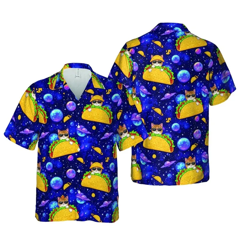 Cat Lover's: Tabby Cats Sunglasses Tacos Hawaiian Cosmic Starry Night Textile Art Short-sleeve Hawaiian Shirt - 1