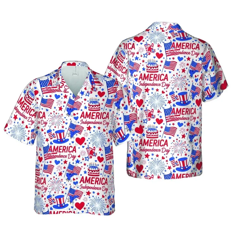 American Flag Eagle Independence Day Hawaiian Cake Hats Fireworks Stars Hearts Short-sleeve Hawaiian Shirt - 1
