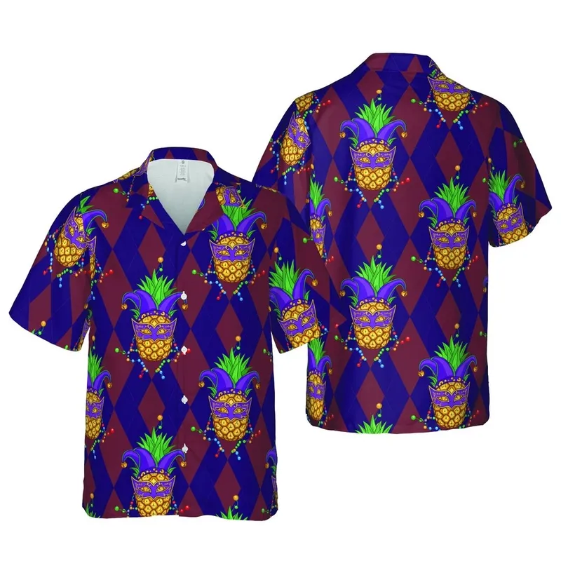Hawaiian Pineapple Jester Mask Design, Mardi Gras Beads & Harlequin Diamond Pattern Short-sleeve Hawaiian Shirt - 1