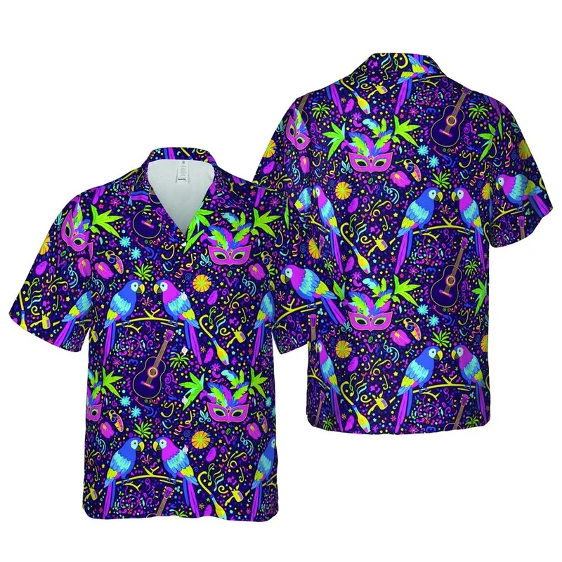 Carnival Festival Parrot Mask Guitar Palm Confetti Fireworks Neon Textile Graphic Short-sleeve Hawaiian Shirt - 1