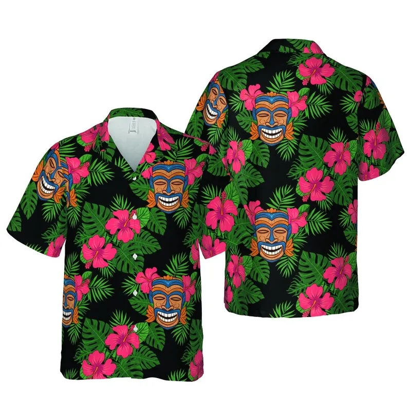 Black, Hot Pink, Coral Red, Dark Green, Teal Blue Carved Tiki Mask Monstera Hibiscus Black Matrix Fabric Print Short-sleeve Hawaiian Shirt - 1