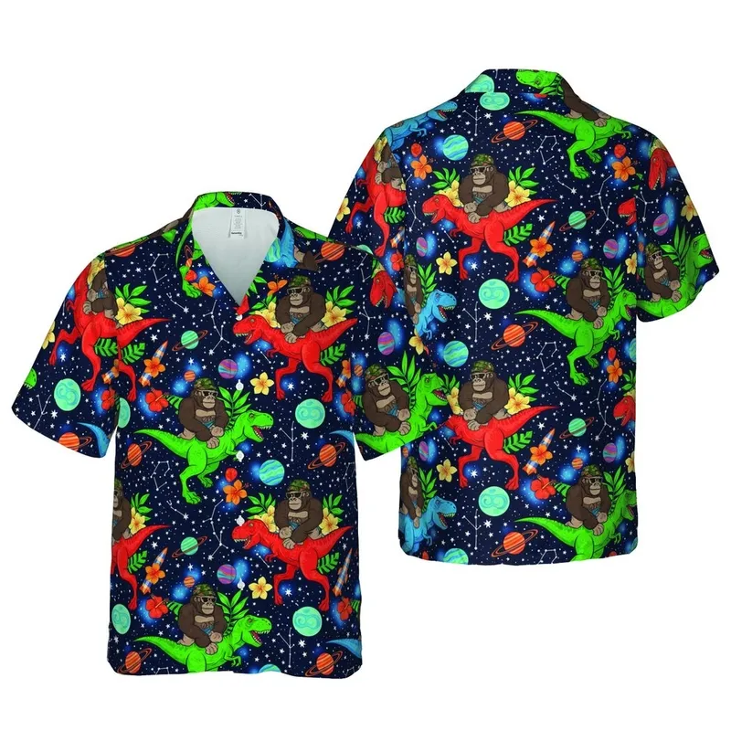 Muscular Gorilla T-Rex Ride: Space Hawaiian Pattern, Rockets, Planets, Stars Short-sleeve Hawaiian Shirt - 1