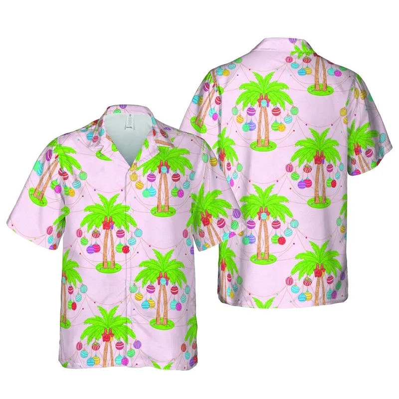 Cartoon Palm Tree Christmas Ornaments Hawaiian Tropical Leaf Pattern Pastel Pink Fabric Texture Short-sleeve Hawaiian Shirt - 1