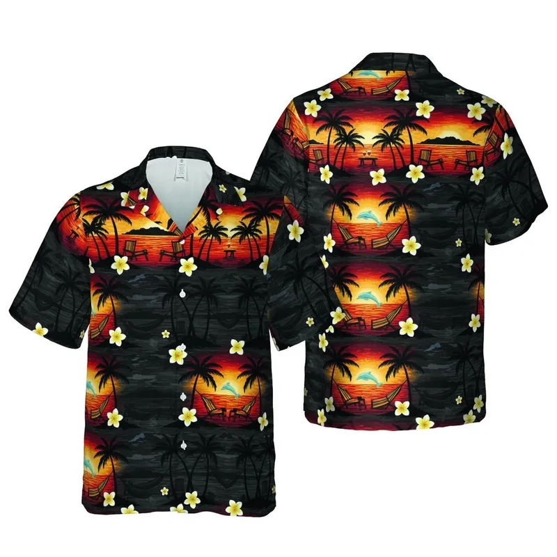 Tropical Hawaiian Sunset Scene: Palm Trees, Dolphins, Plumeria Textile Print Short-sleeve Hawaiian Shirt - 1